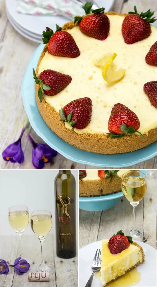 Peju's sweet Liana, a Late Harvest Orange Muscat dessert wine, pairs perfectly with this lemon cheesecake.