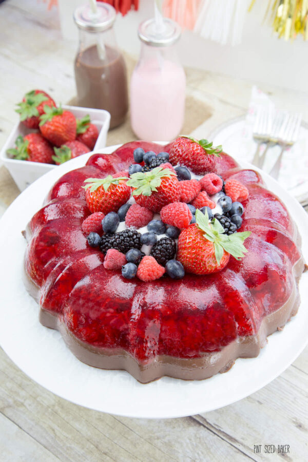 You won't find any funky meat, cheese, or veggies in this stunning Strawberries and Chocolate Jello Mold. It's not like Grandma used to make!