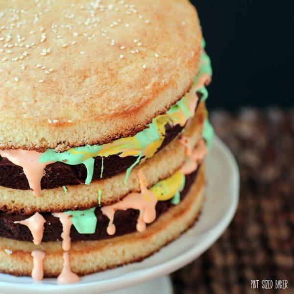 Two fudgy brownies, special frosting, and yellow cake make up this AMAZING Big Mac Cake!