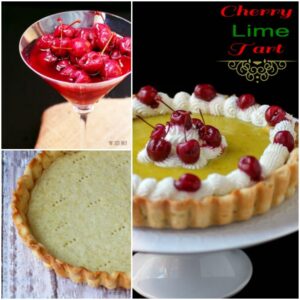 A cherry lime tart that is full of lime curd, a lime tart crust and homemade maraschino cherries.