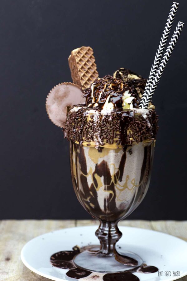 This is no kiddie milkshake! This is a totally decadent Chocolate and Peanut Butter Monster Milkshake that is big enough for two!