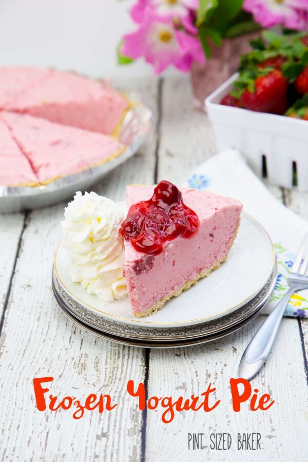 Strawberry Rhubarb Frozen Yogurt Pie. An easy recipe to make this summer. Use your favorite Lucky Leaf pie filling to make an amazing dessert!