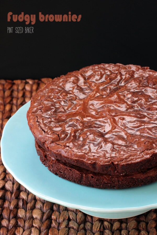 Image of the Easy Fudgy Brownies on a blue cake pedestal. 