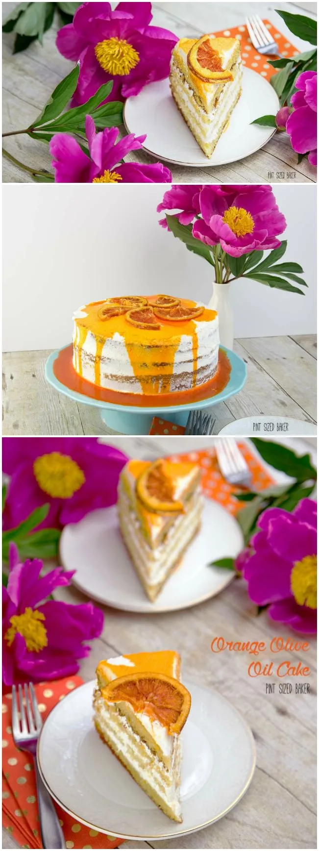 A beautiful Orange Olive Oil Cake recipe with whipped cream frosting and candied Cara Cara Orange slices on top.
