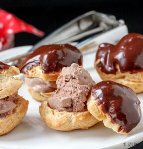 A profiterole filled with brownie ice cream and topped with chocolate! So good!