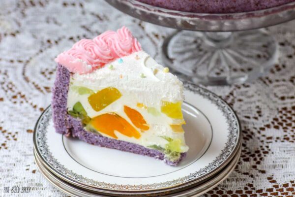 Each slice of t his Jewel Cake is different and unique. The mosaic jello inside makes each slice special.