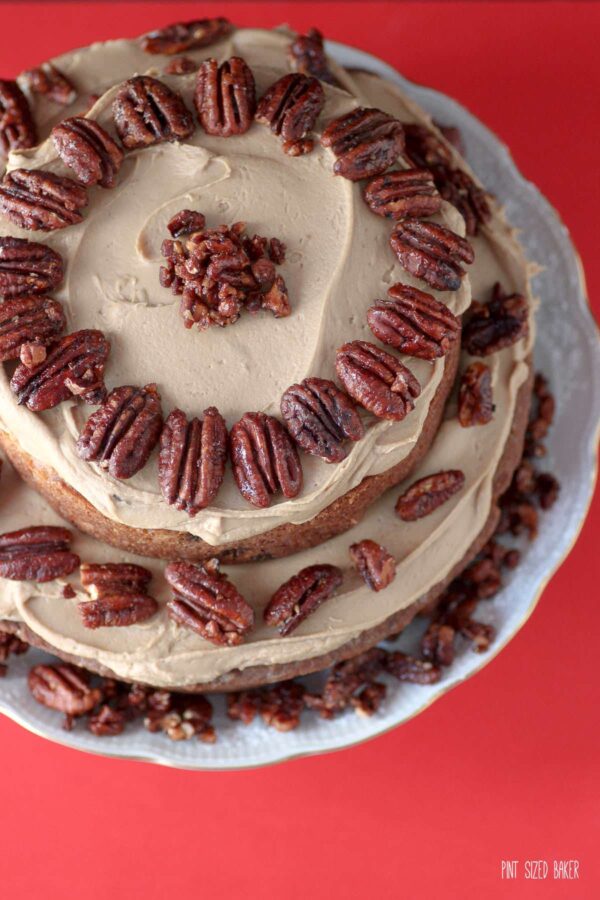 This apple and caramel spice cake is studded with apples, raisins, pecans, and cinnamon. It's got all my favorite flavors!