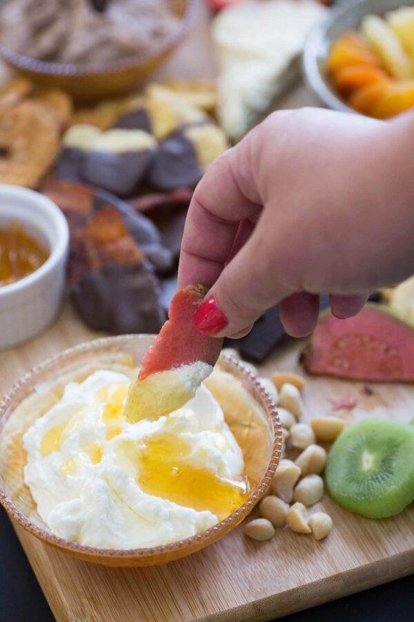 Fresh fruit + Whipped cream + honey = YUM! Fun finger foods for your dessert charcuterie plate.
