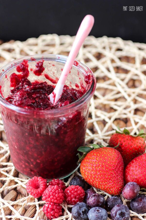 Homemade Mixed Berry Jam full of Strawberries, raspberries and blueberries. No sugar required
