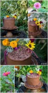 4 layer Chocolate Coffee Cake decorated with edible flowers for a pretty Garden Party Cake.