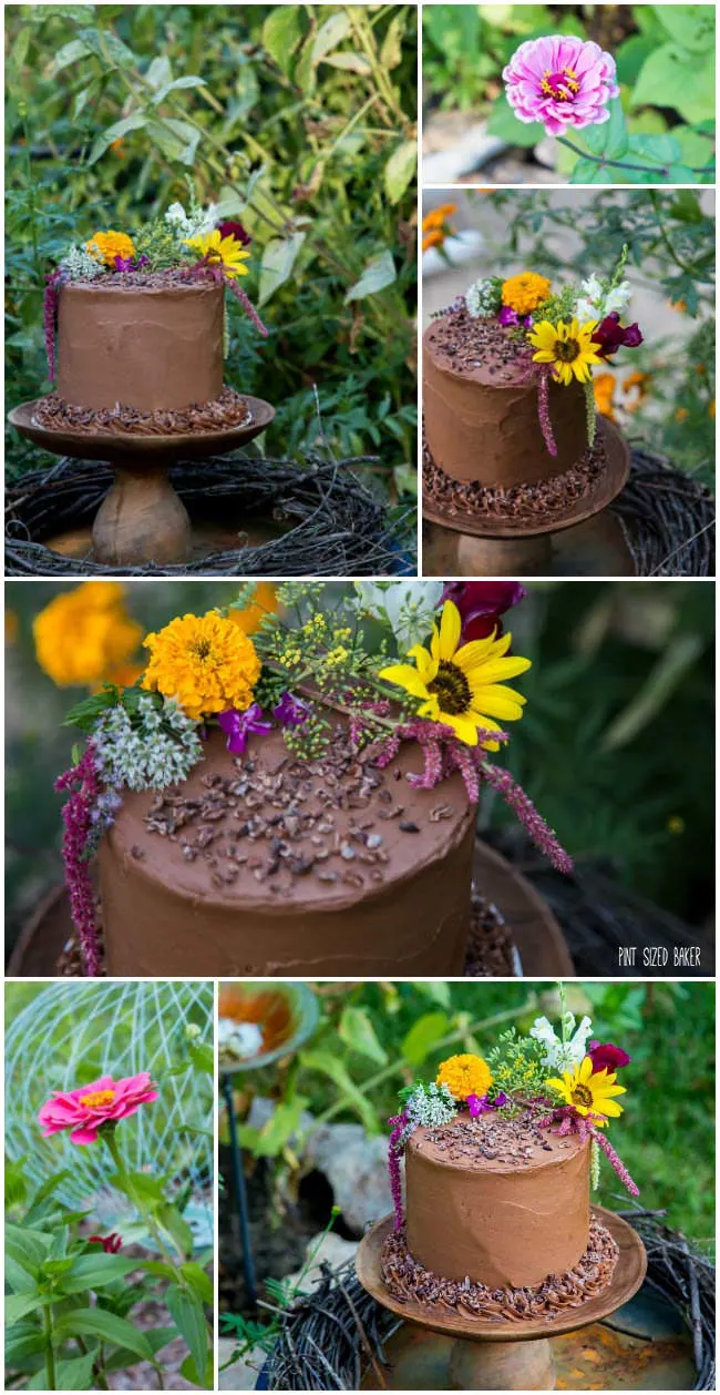 4-layer Chocolate Cake decorated with edible flowers for a pretty Garden Party Cake.