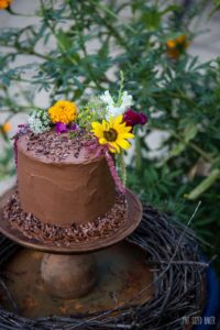 A rustic cake for an end of the summer garden party. 4 layer chocolate cake with cocoa nibs. Delicious!