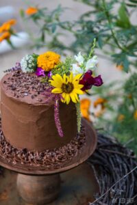 4 layer Chocolate Coffee Cake decorated with edible flowers for a pretty Garden Party Cake.