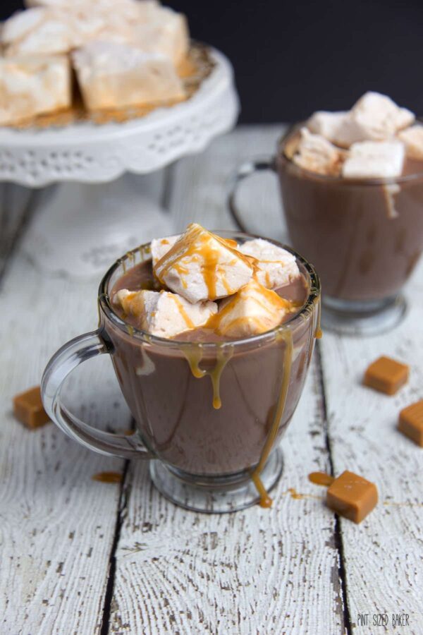 Hot Chocolate, caramel sauce and some homemade salted caramel marshmallows are perfect for warming up after a snowball fight!