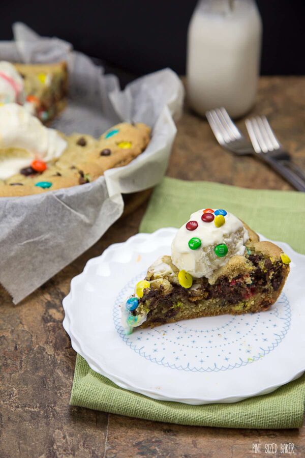 Look at all of that chocolate stuffed into a giant chocolate chip skillet cookie! And there are three types of M&Ms sprinkled in just for good measure.