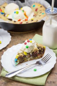 Look at all of that chocolate stuffed into a giant chocolate chip skillet cookie! And there are three types of M&Ms sprinkled in just for good measure.