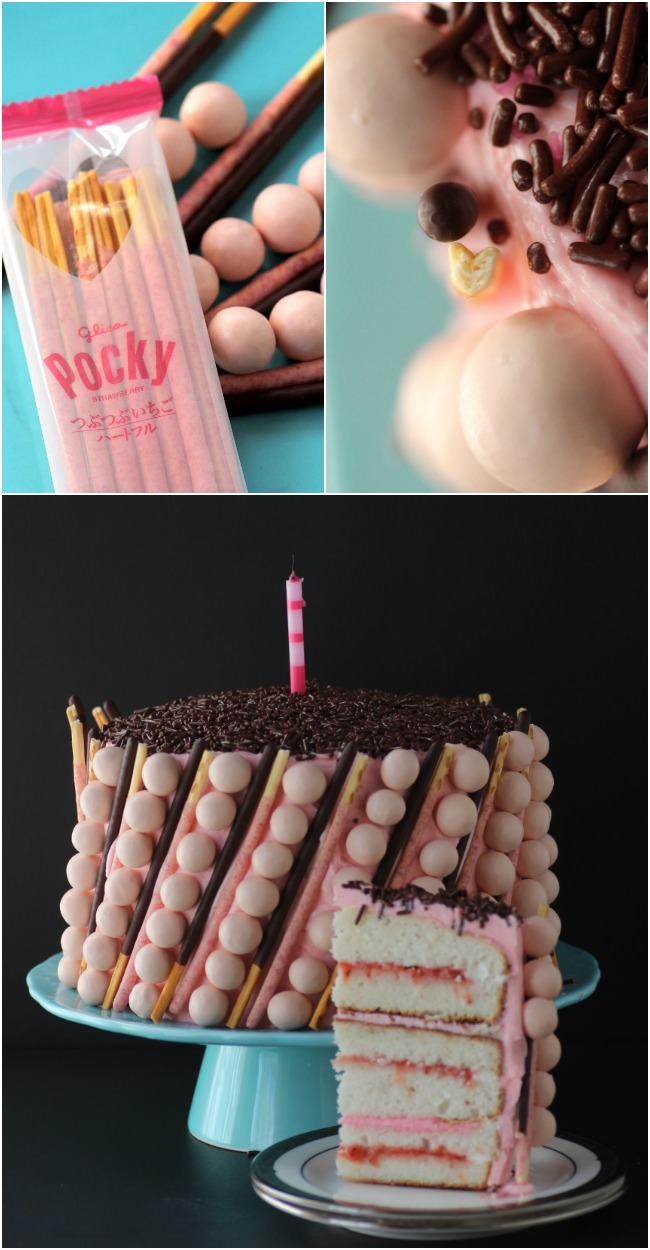 No need for fancy frosting decorations - This birthday cake is covered in Whoppers and Pocky Sticks. It was so fun!