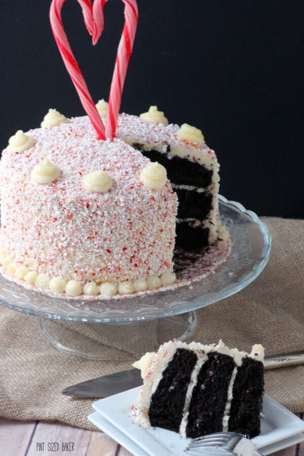 Enjoy a slice of this Candy Cane Cake! Dark Chocolate Cake with white chocolate frosting and coated in candy cane bits.