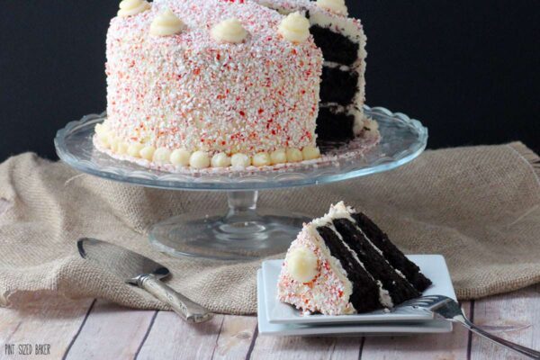 Enjoy a slice of this Candy Cane Cake! Dark Chocolate Cake with white chocolate frosting and coated in candy cane bits.