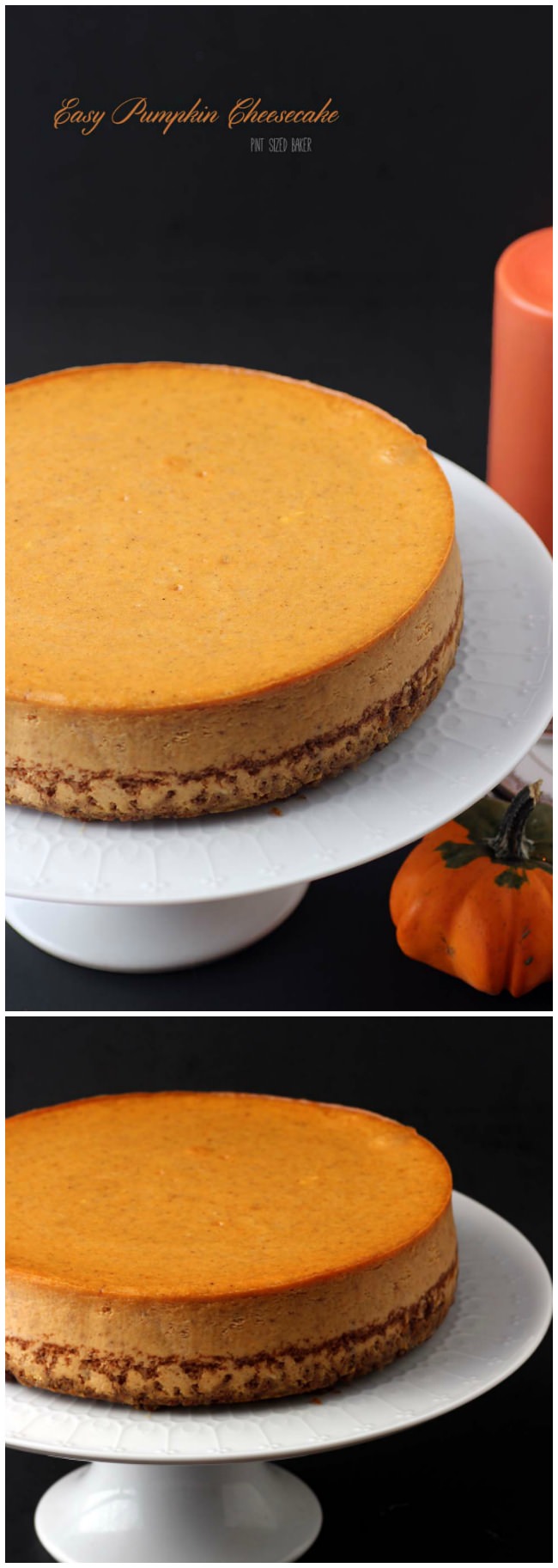 A stunning, delicious, and easy Pumpkin Cheesecake with a ginger snap crust! Perfect!