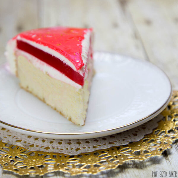 Mirror Birthday Cake - Cake, White Chocolate Mousse, Strawberry Jello and the glaze topping.