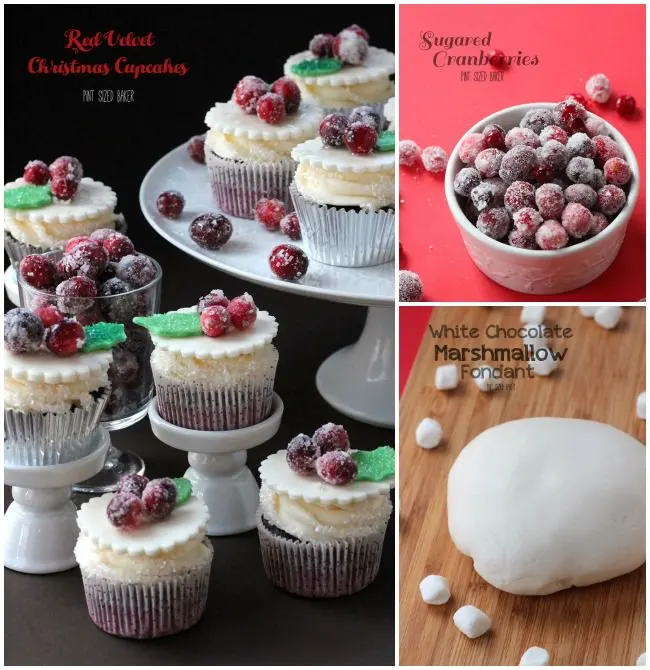 Red Velvet Cupcakes, Sugared Cranberries and homemade White Chocolate Marshmallow Fondant.