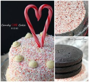Candy Cane Cake made with a dark chocolate cake and white chocolate frosting on a candy cane tray.