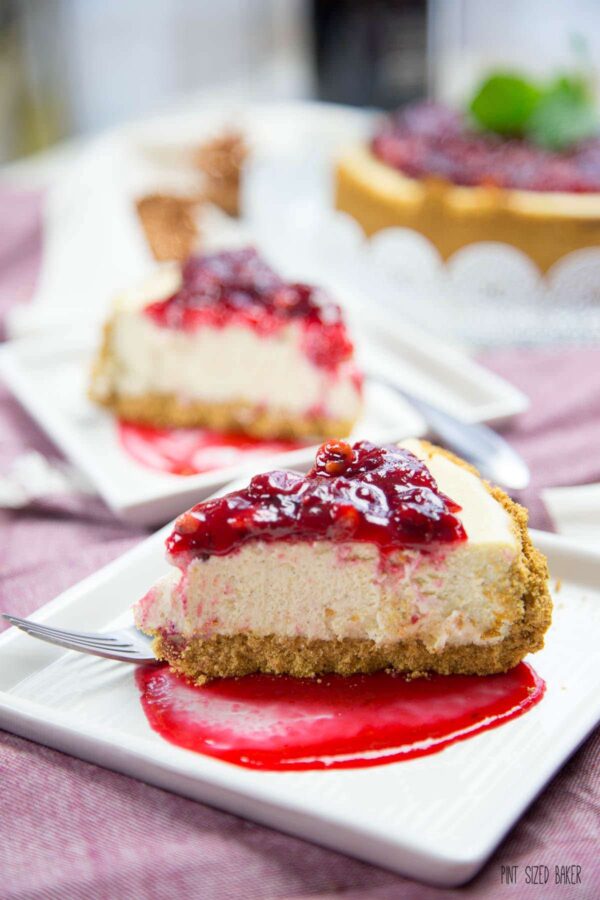 An easy Cheesecake recipe with the best homemade cranberry sauce on top. This Cranberry Cheesecake was the hit of my party!