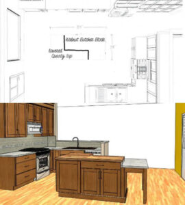Before and New Design of the kitchen island with eat at area.