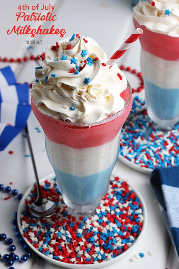 Lead in image of the milkshakes highlighting the layers of the red, white, and blue with fun patriotic sprinkles on top of the whipped cream.