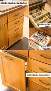 Utensil organization at it's best! A double drawer for forks and knives, a spice drawer, and built in double garbage can makes my kitchen much more user friendly.