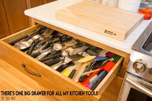 One LARGE drawer for all my cooking tools. So much better than the two smaller drawers we used to have.