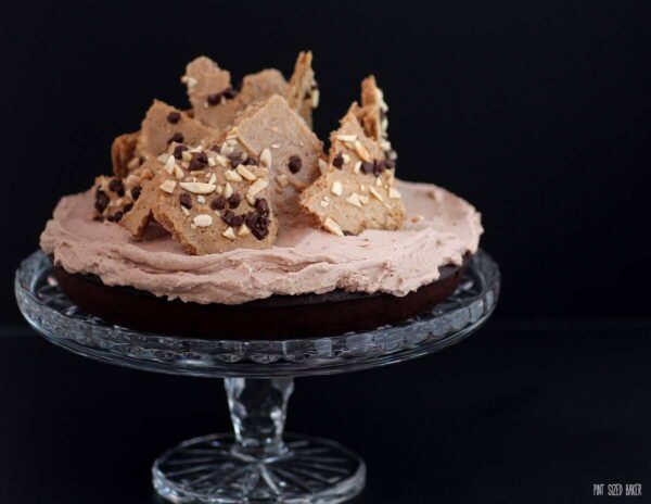 This gluten free chocolate flourless cake is a dense and rich cake covered in whipped cream and topped with mocha meringue bark. 