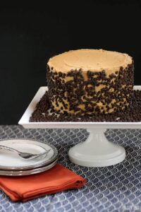 Chocolate Peanut Butter Cake with a chocolate layer cake and a center of peanut butter cookie dough and topped with peanut butter frosting.