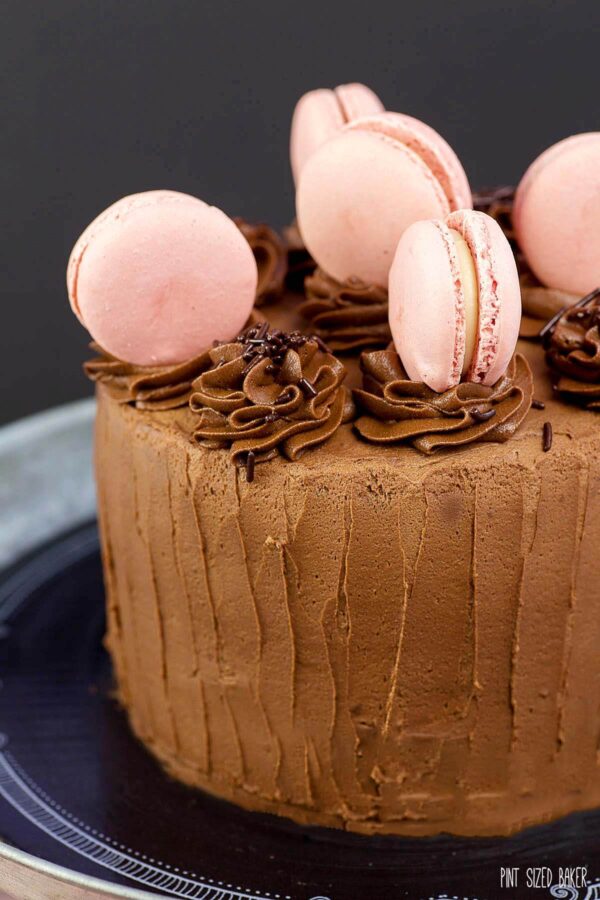 Bake a beautiful Chocolate Cake with Macarons for someone special. The cake and frosting is homemade, but the macarons are store bought.