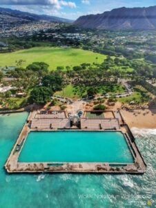 Unfortunately the Nataorium War Memorial is closed to the public. It's a good thing my drone could fly up and take a photo of the salt water pool. Droning in Hawaii