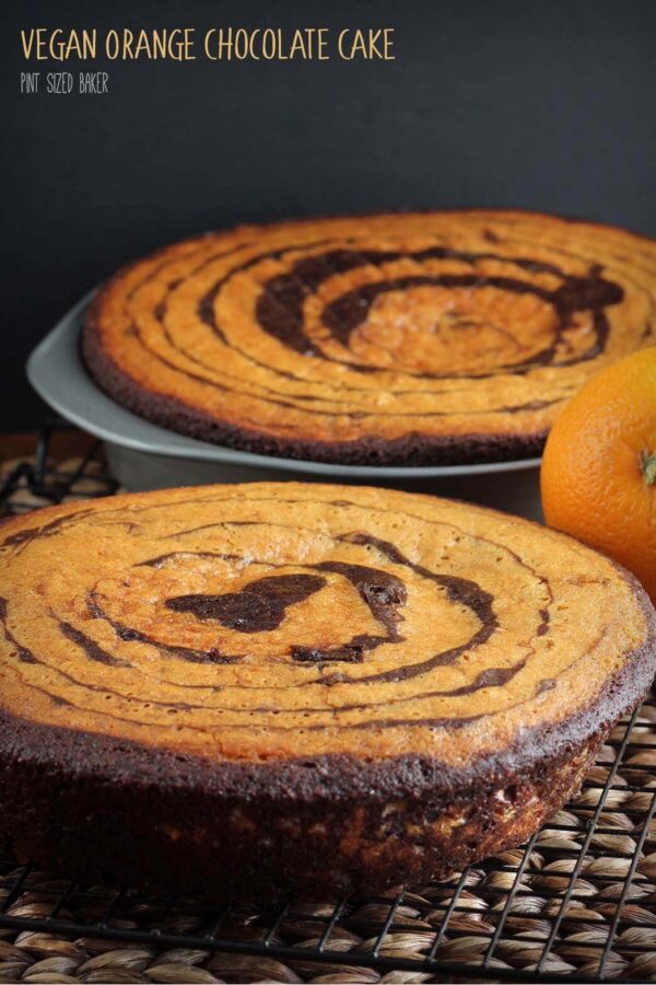 Lead in image of two unfrosted Vegan Orange and Chocolate Cakes.