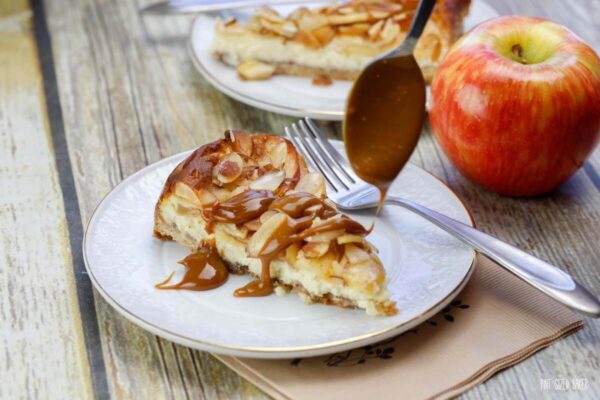 This quick and easy Almond Apple Cheesecake Recipe is going to be your new favorite treat. It combines sweet cinnamon apples with cheesecake that is perfect some caramel sauce. 