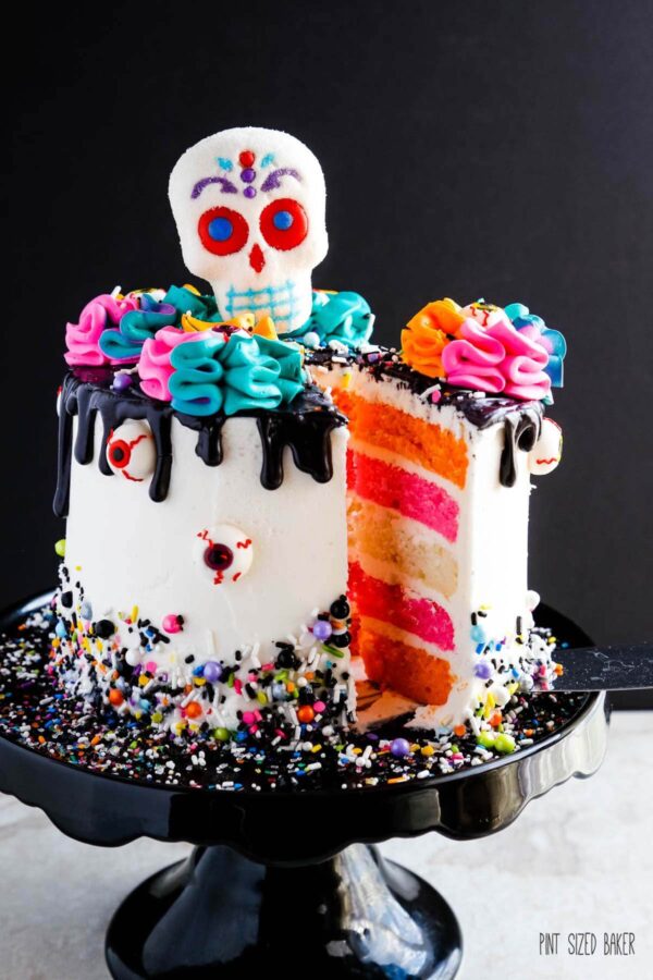 Día de los Muertos - Day of the Dead Cake in bright colors of pink and orange with a hint of turquoise. 