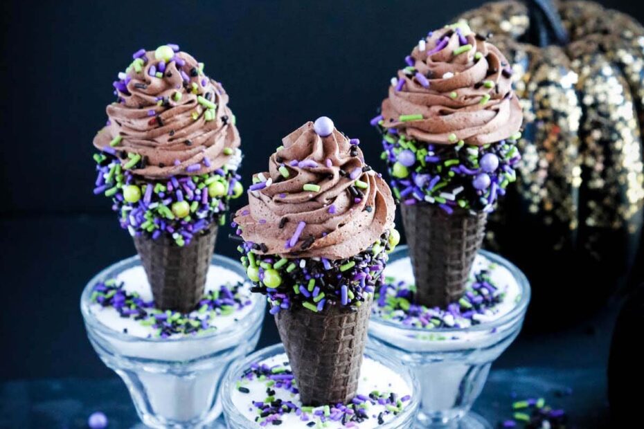 Chocolate Mousse is always a great dessert, so why not make it extra spectacular when you serve it up as these Halloween Mousse Ice Cream Cones covered in sprinkles.