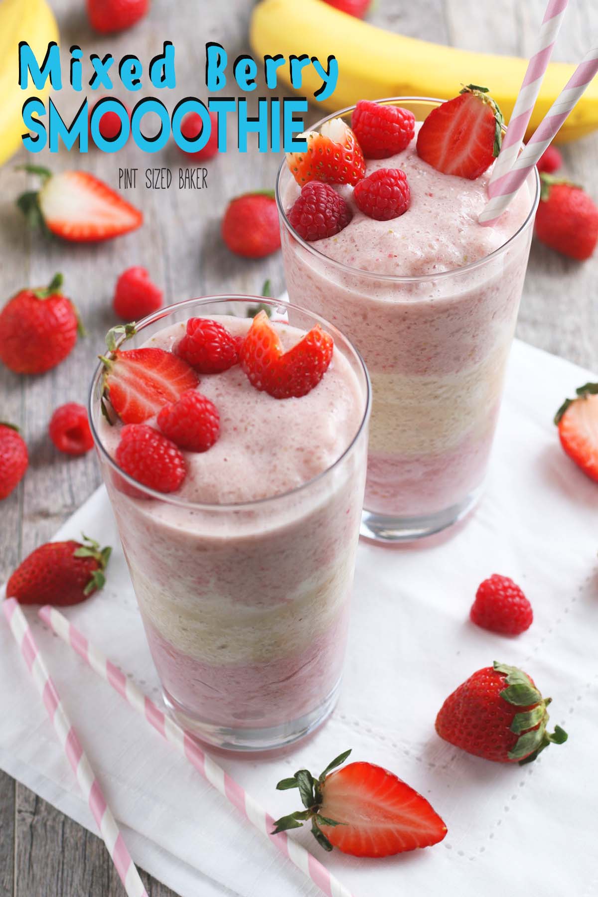 Sweet strawberries, raspberries, and banana make a great layered smoothie. Add some vanilla protein powder to this mixed berry smoothie to stay full all morning long!
