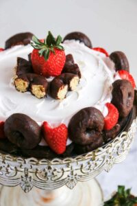 Who can resist Chocolate Donuts and sweet Strawberries. This strawberry Mousse Charlotte is perfect for dessert!