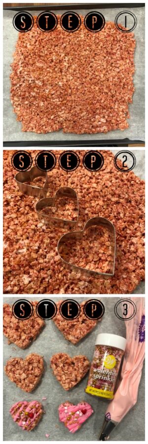 How I made my Strawberry Valentine Rice Krispie Treats. Layered cut out hearts and strawberry frosting.