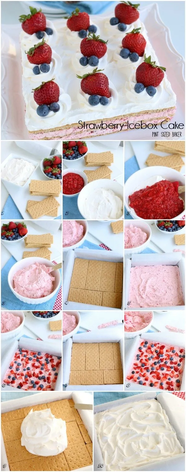Step-by-step photo collage making an Icebox Cake with fresh strawberries and blueberries.