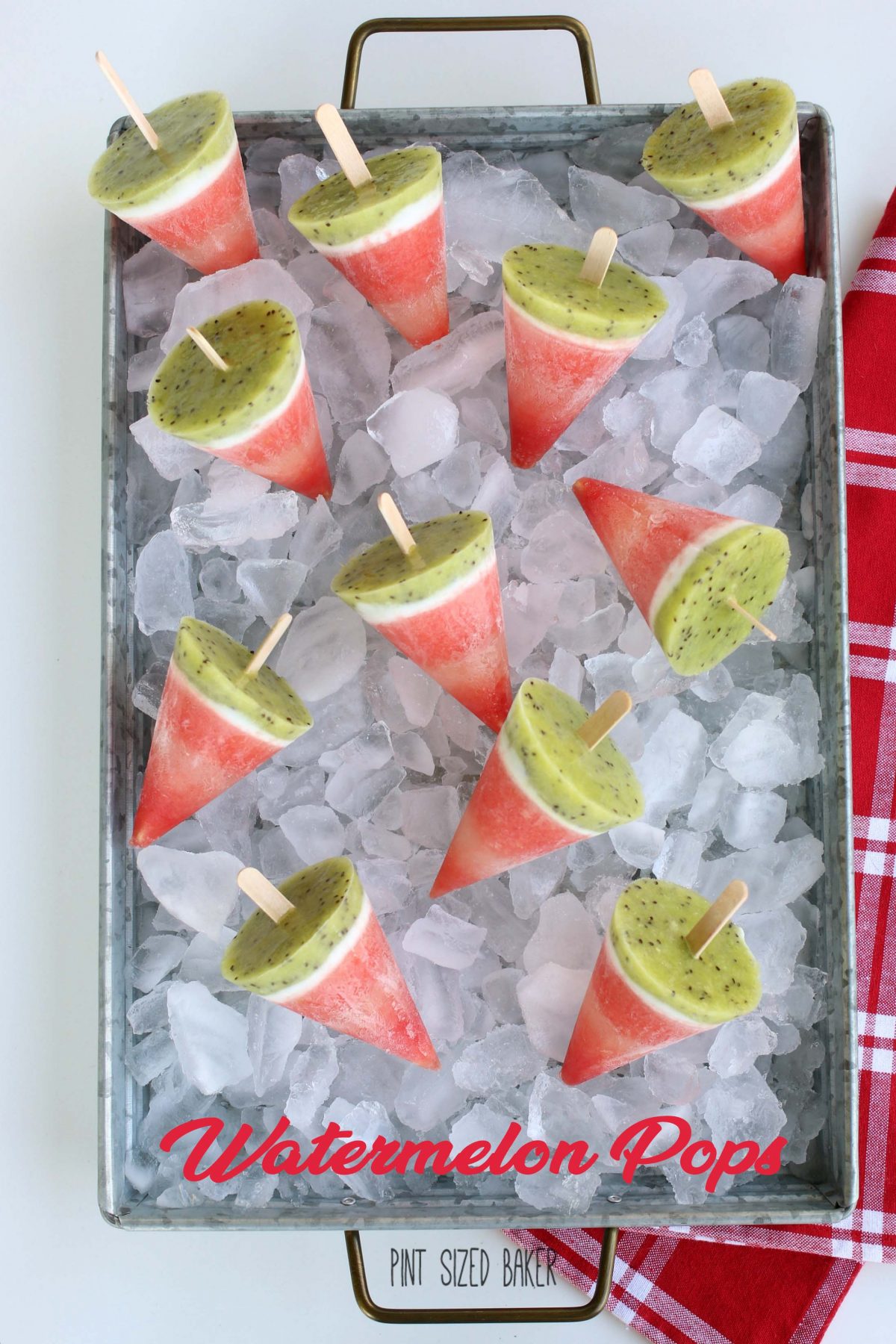 Overhead view of frozen watermelon pops shown on a tray of ice.