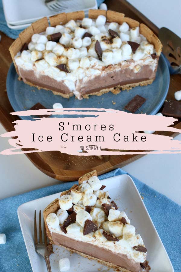 Cool and creamy S'mores cake made with ice cream.