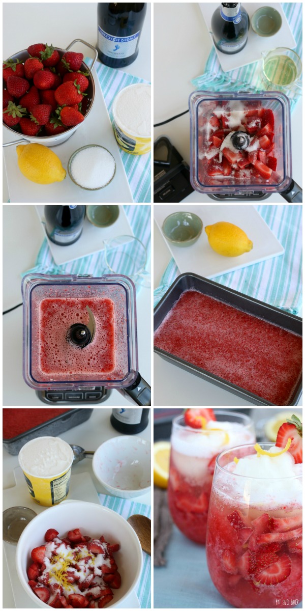 step by step images to make a Lemon Strawberry Prosecco Float.