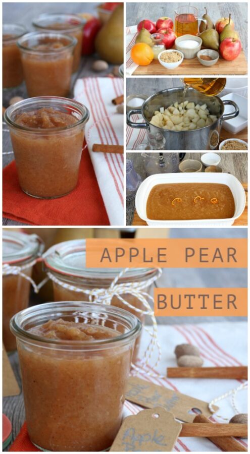 A collage containing images of the ingredients, the cooking of the apples and pears, and the baking dish containing the fruit butter.
