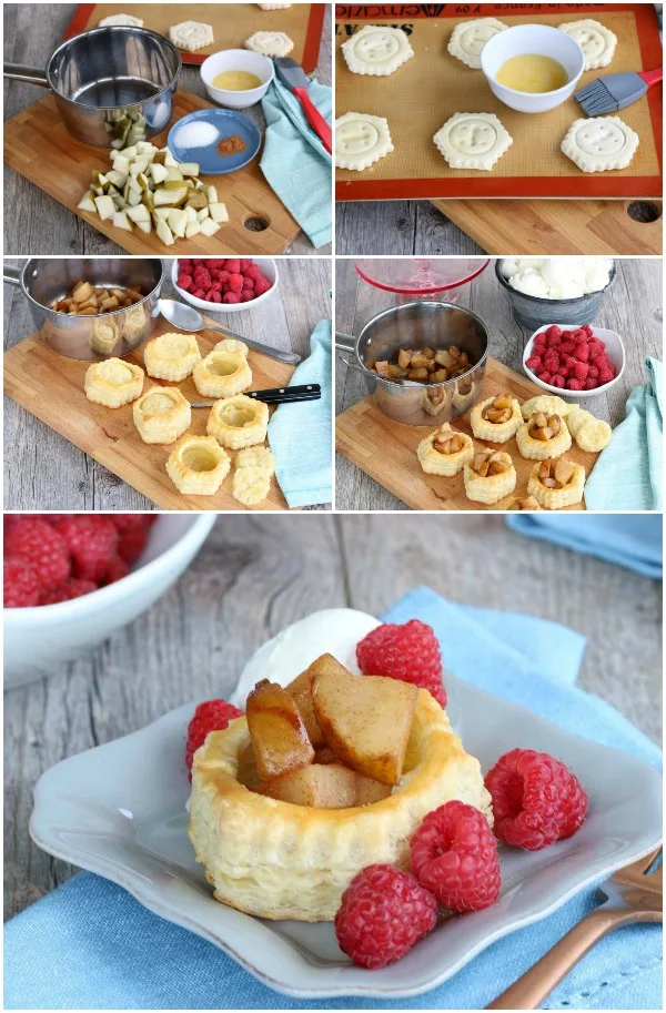 Step by step visual of how to make pear puff pastry tarts.