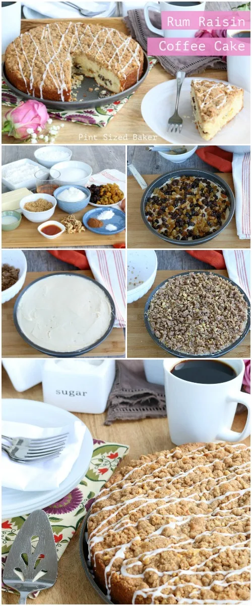 Rum Raisin Coffee Cake collage with images of ingredients and layers of making the cake.